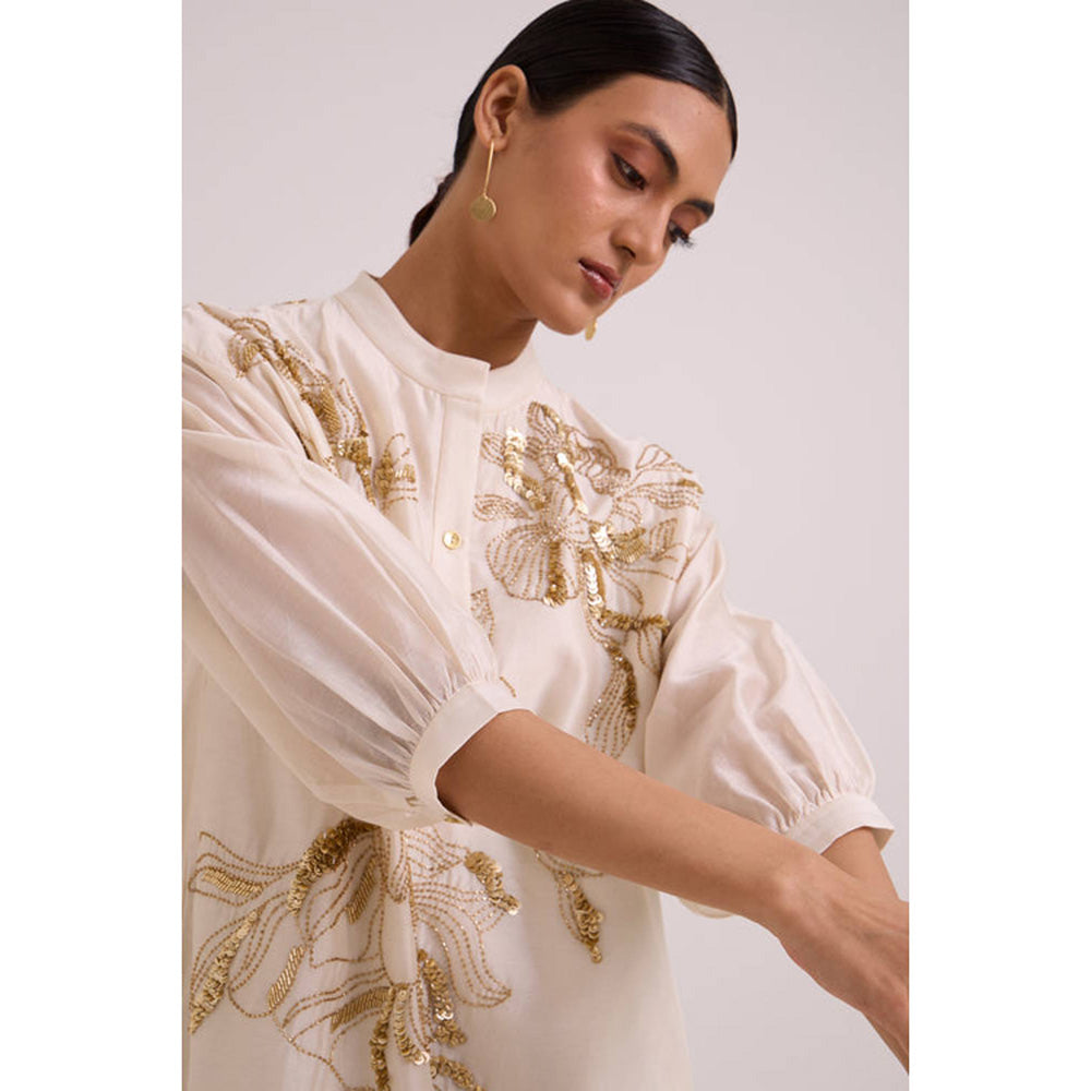 MADDER MUCH Women Beige Chanderi Floral Kurta with Pant