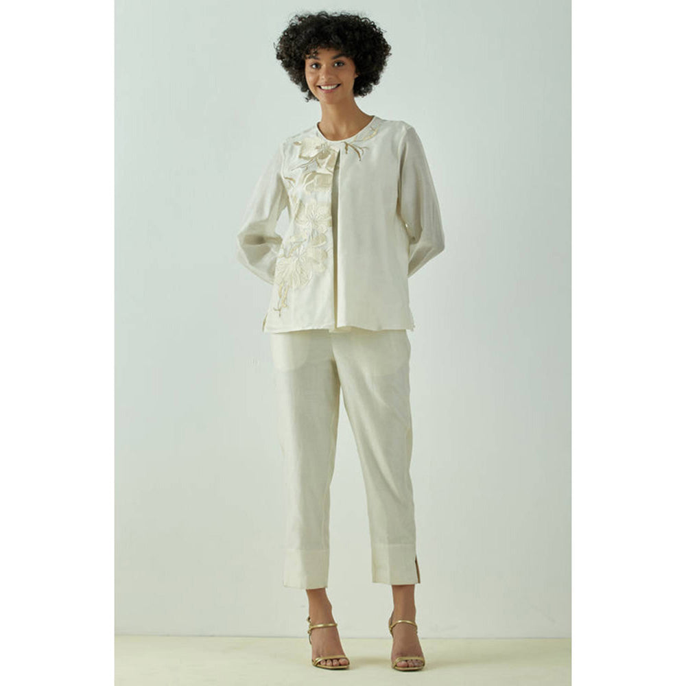 MADDER MUCH Women Off White Chanderi Silk Floral Top with Pant