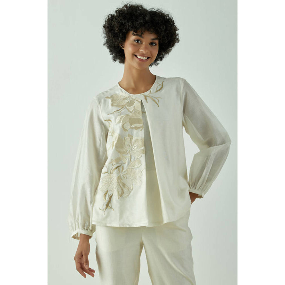 MADDER MUCH Women Off White Chanderi Silk Floral Top with Pant