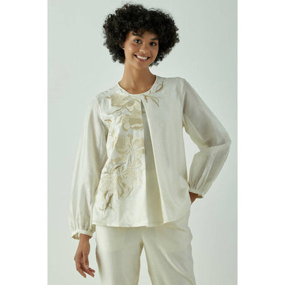 MADDER MUCH Women Off White Chanderi Silk Floral Top with Pant