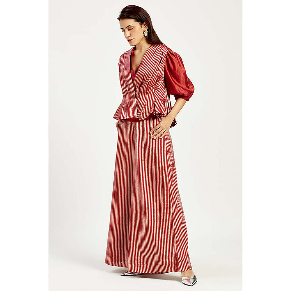 MADDER MUCH Cotton Red V-Neck Stripes Top With Waist Coat And Palazzo