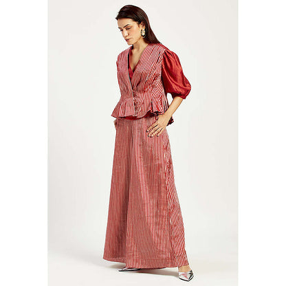 MADDER MUCH Cotton Red V-Neck Stripes Top With Waist Coat And Palazzo