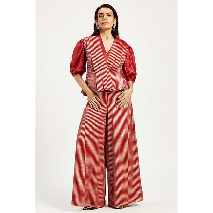 MADDER MUCH Cotton Red V-Neck Stripes Top With Waist Coat And Palazzo
