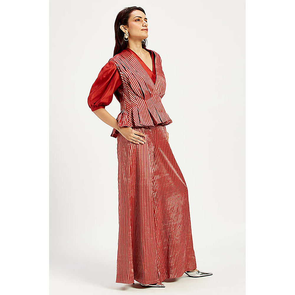 MADDER MUCH Cotton Red V-Neck Stripes Top With Waist Coat And Palazzo