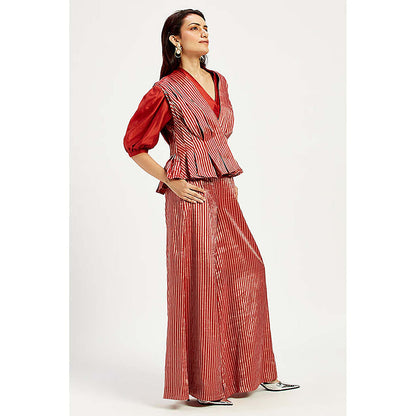 MADDER MUCH Cotton Red V-Neck Stripes Top With Waist Coat And Palazzo