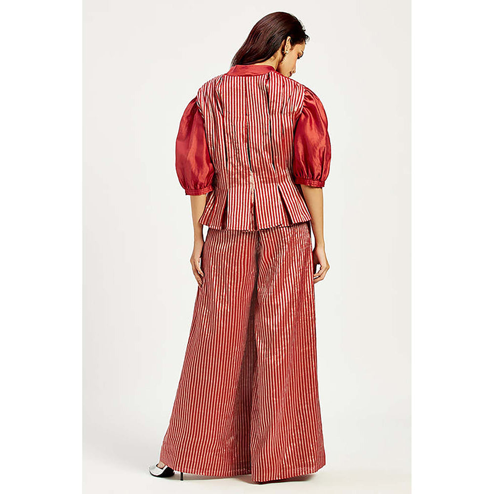 MADDER MUCH Cotton Red V-Neck Stripes Top With Waist Coat And Palazzo
