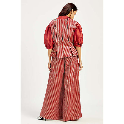 MADDER MUCH Cotton Red V-Neck Stripes Top With Waist Coat And Palazzo