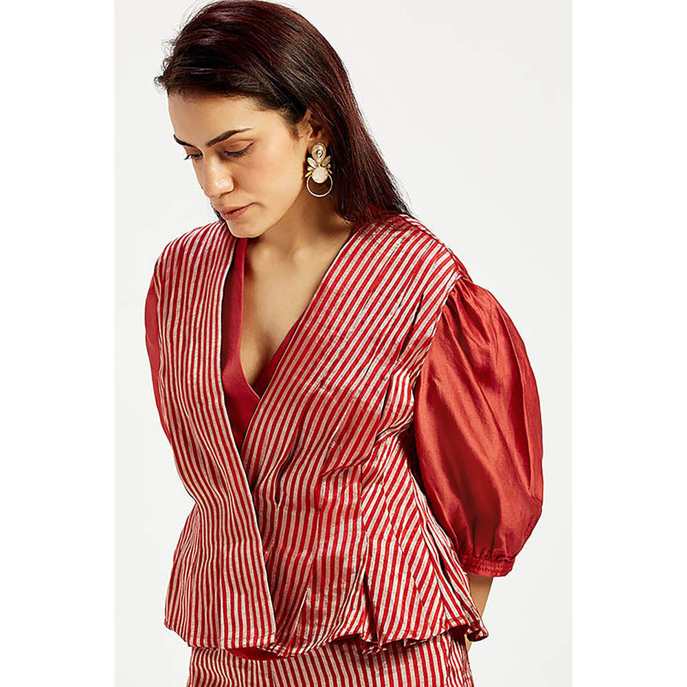 MADDER MUCH Cotton Red V-Neck Stripes Top With Waist Coat And Palazzo