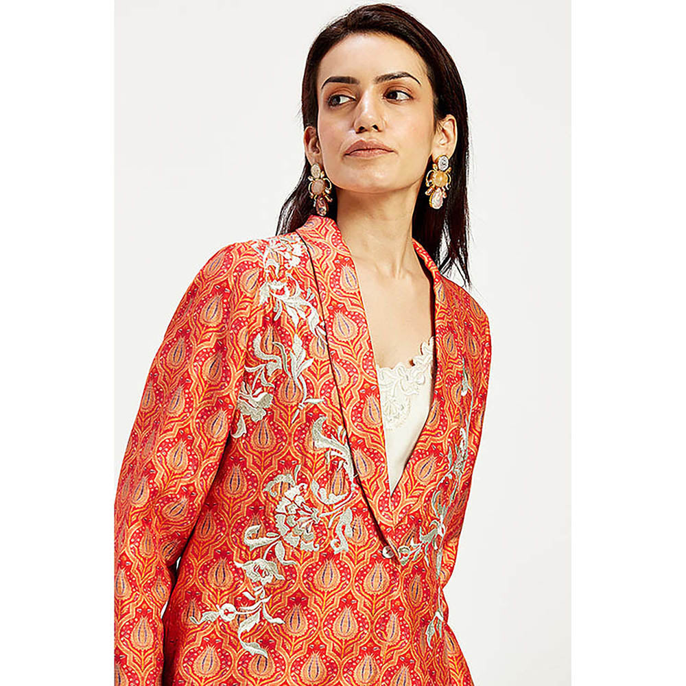 MADDER MUCH Raw Silk Red V-Neck Printed Top With Pant And Blazer Co-Ord's