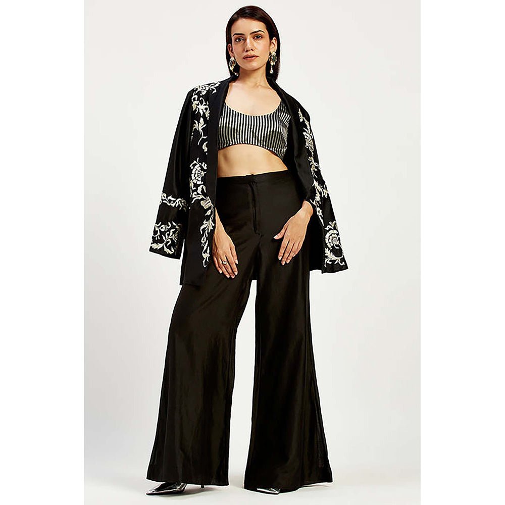 MADDER MUCH Cotton Black Round Neck Embroidered Top With Palazzo And Jacket
