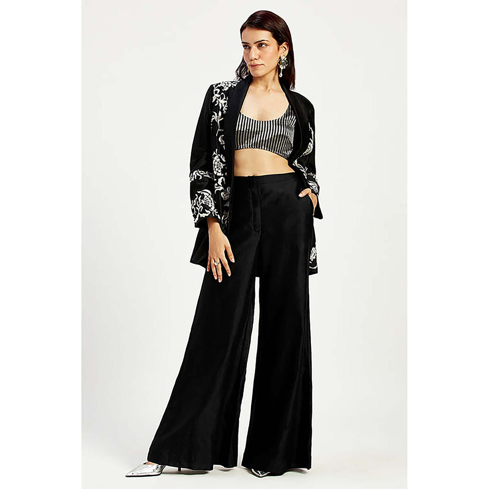 MADDER MUCH Cotton Black Round Neck Embroidered Top With Palazzo And Jacket