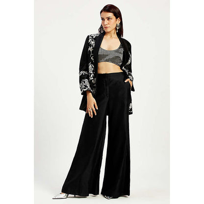 MADDER MUCH Cotton Black Round Neck Embroidered Top With Palazzo And Jacket
