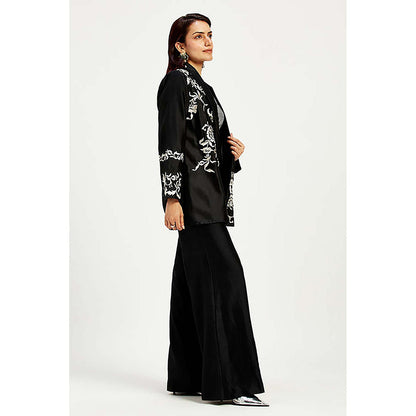 MADDER MUCH Cotton Black Round Neck Embroidered Top With Palazzo And Jacket