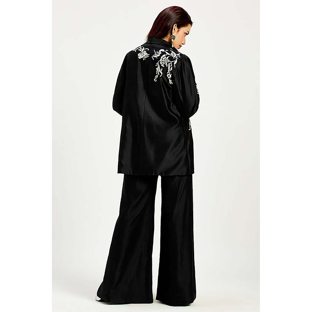 MADDER MUCH Cotton Black Round Neck Embroidered Top With Palazzo And Jacket