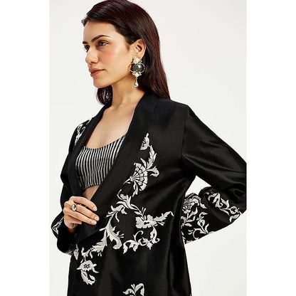 MADDER MUCH Cotton Black Round Neck Embroidered Top With Palazzo And Jacket