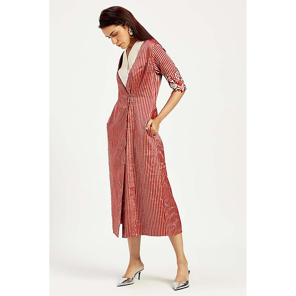 MADDER MUCH Red Cotton V-Neck Stripes Midi Dress