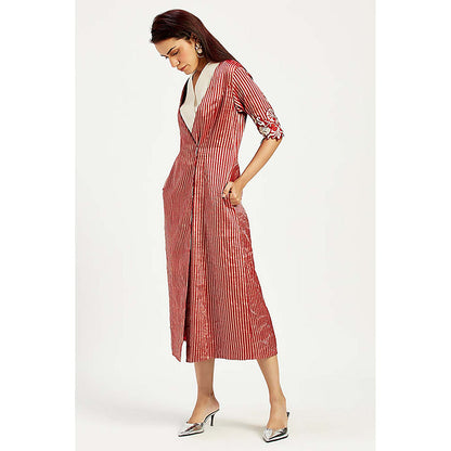 MADDER MUCH Red Cotton V-Neck Stripes Midi Dress