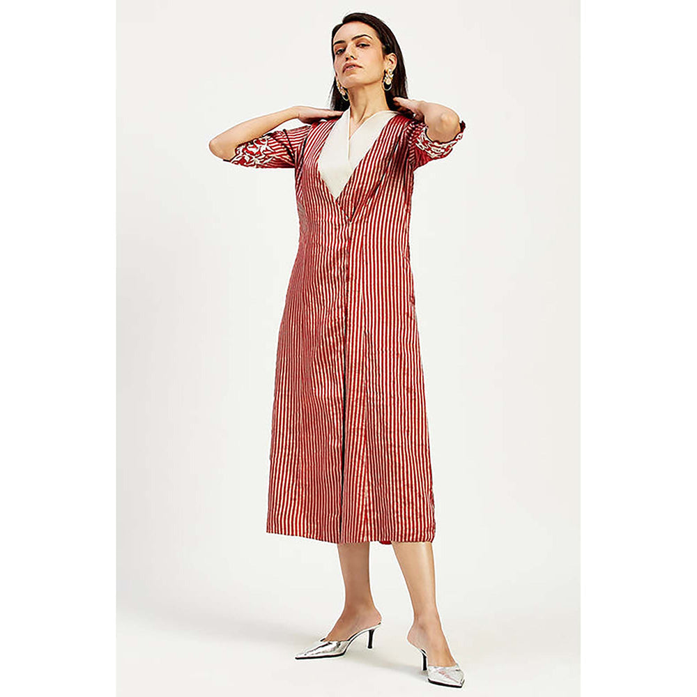 MADDER MUCH Red Cotton V-Neck Stripes Midi Dress