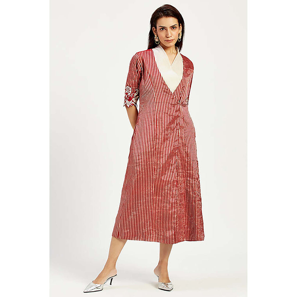 MADDER MUCH Red Cotton V-Neck Stripes Midi Dress