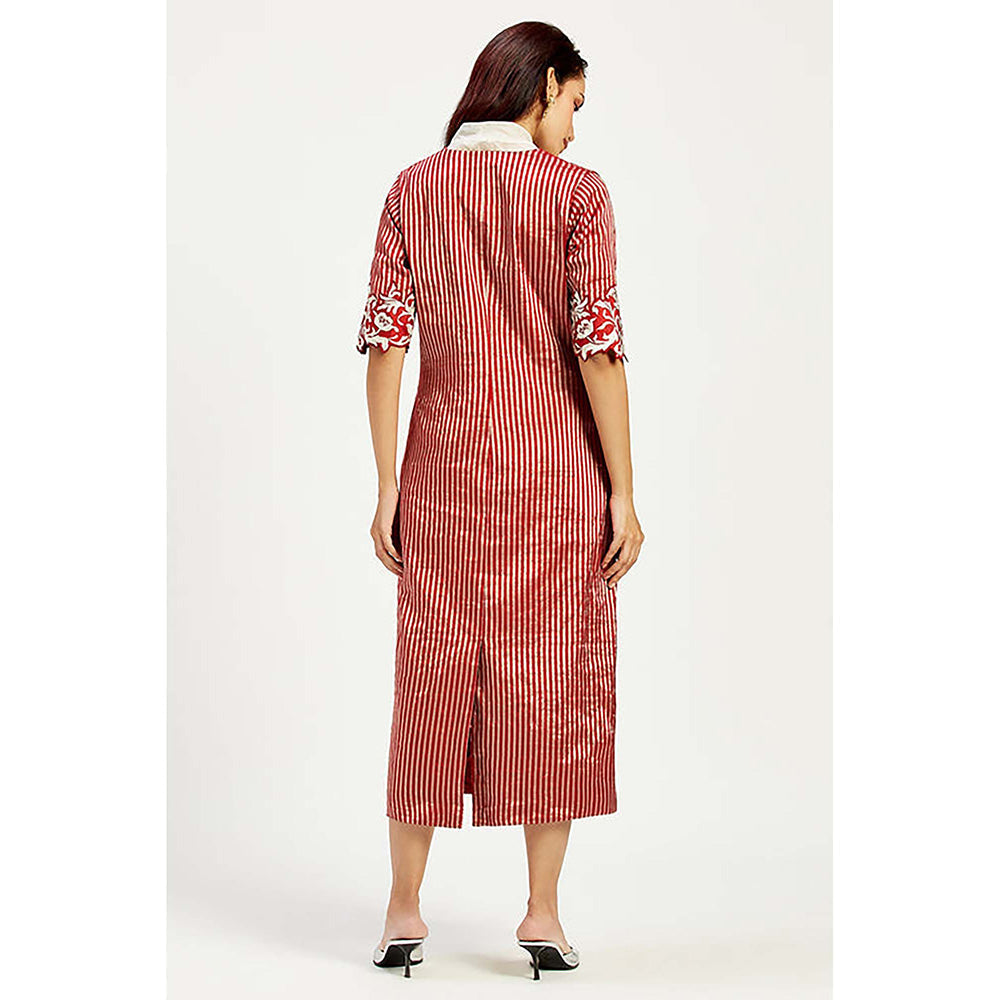 MADDER MUCH Red Cotton V-Neck Stripes Midi Dress