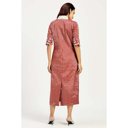 MADDER MUCH Red Cotton V-Neck Stripes Midi Dress