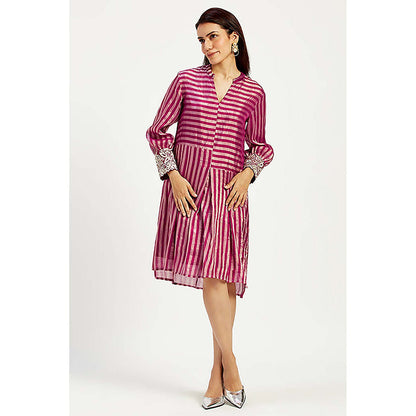 MADDER MUCH Pink Cotton Mandarin Neck Stripes Knee Length Dress