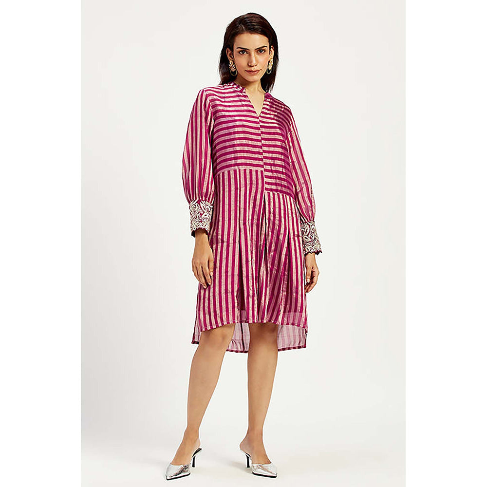 MADDER MUCH Pink Cotton Mandarin Neck Stripes Knee Length Dress