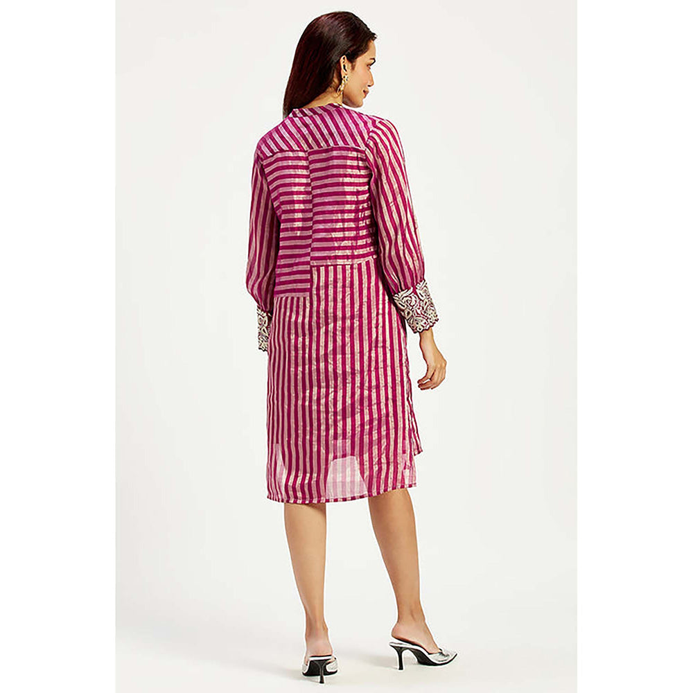 MADDER MUCH Pink Cotton Mandarin Neck Stripes Knee Length Dress