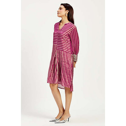 MADDER MUCH Pink Cotton Mandarin Neck Stripes Knee Length Dress