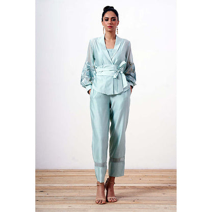 MADDER MUCH Cotton Blue V-Neck Solid/Plain Top with Pant Co-Ord's