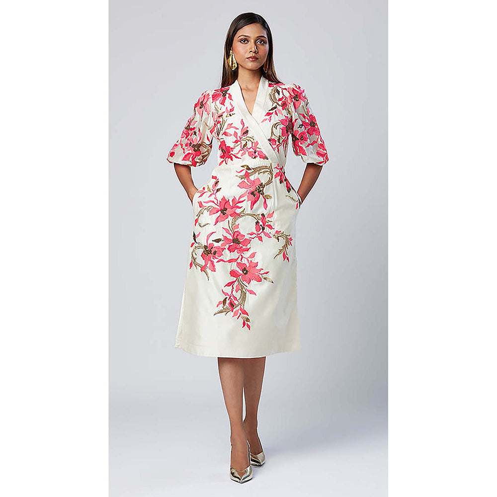 MADDER MUCH Off White Cotton V-Neck Embroidered Midi Dress