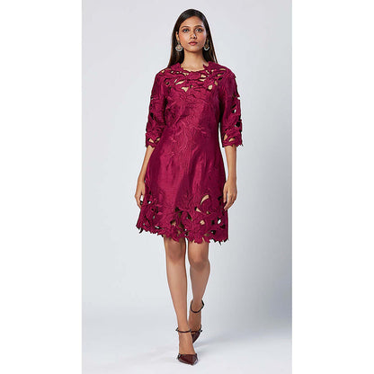 MADDER MUCH Burgundy Cotton Round Neck Embroidered Knee Length Dress