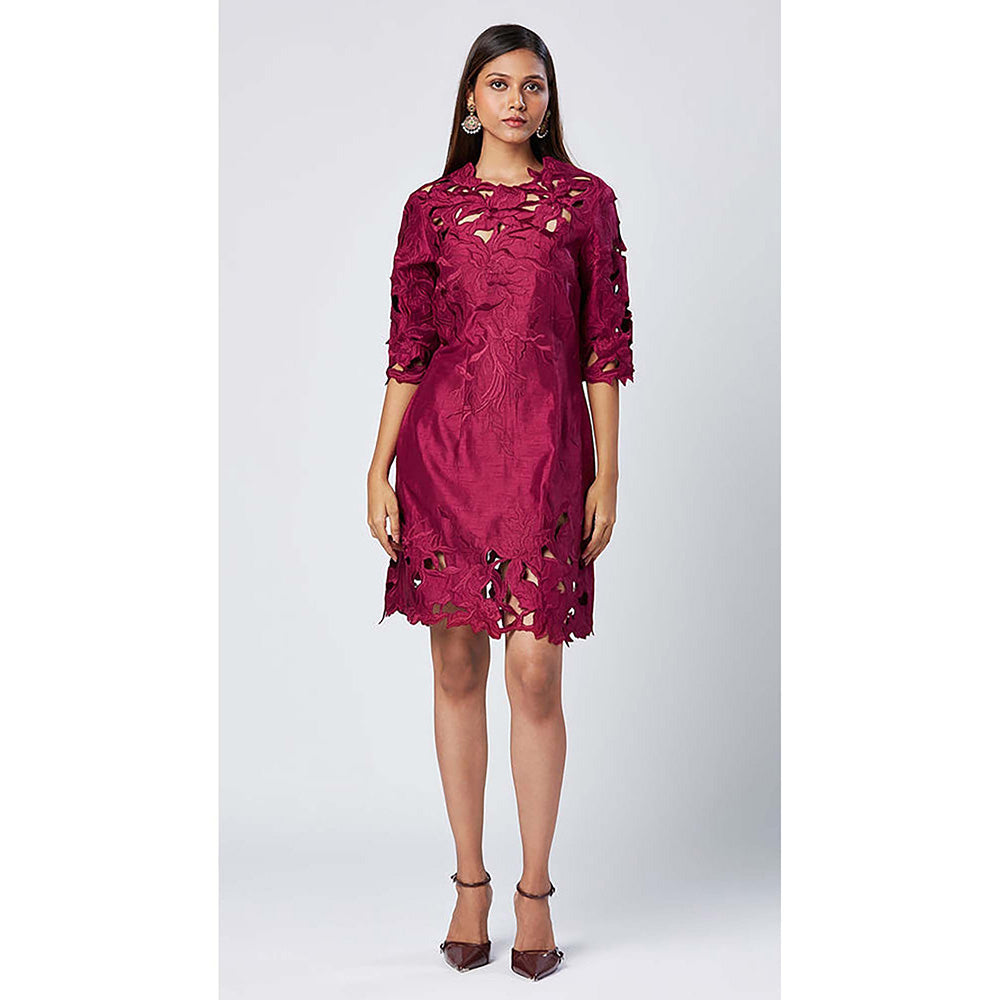 MADDER MUCH Burgundy Cotton Round Neck Embroidered Knee Length Dress