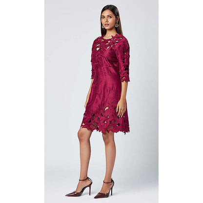 MADDER MUCH Burgundy Cotton Round Neck Embroidered Knee Length Dress