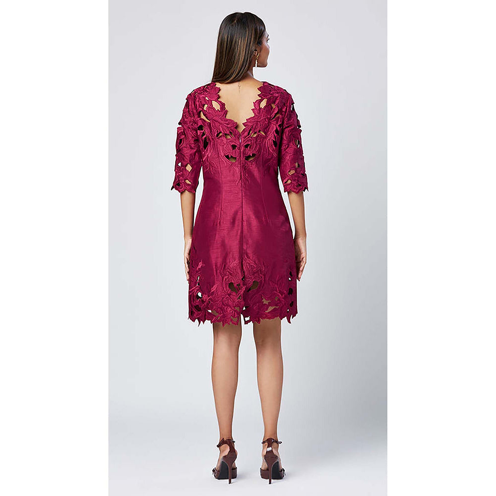 MADDER MUCH Burgundy Cotton Round Neck Embroidered Knee Length Dress