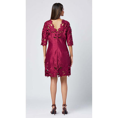 MADDER MUCH Burgundy Cotton Round Neck Embroidered Knee Length Dress