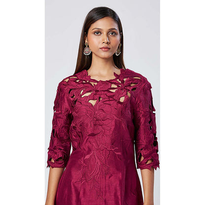 MADDER MUCH Burgundy Cotton Round Neck Embroidered Knee Length Dress