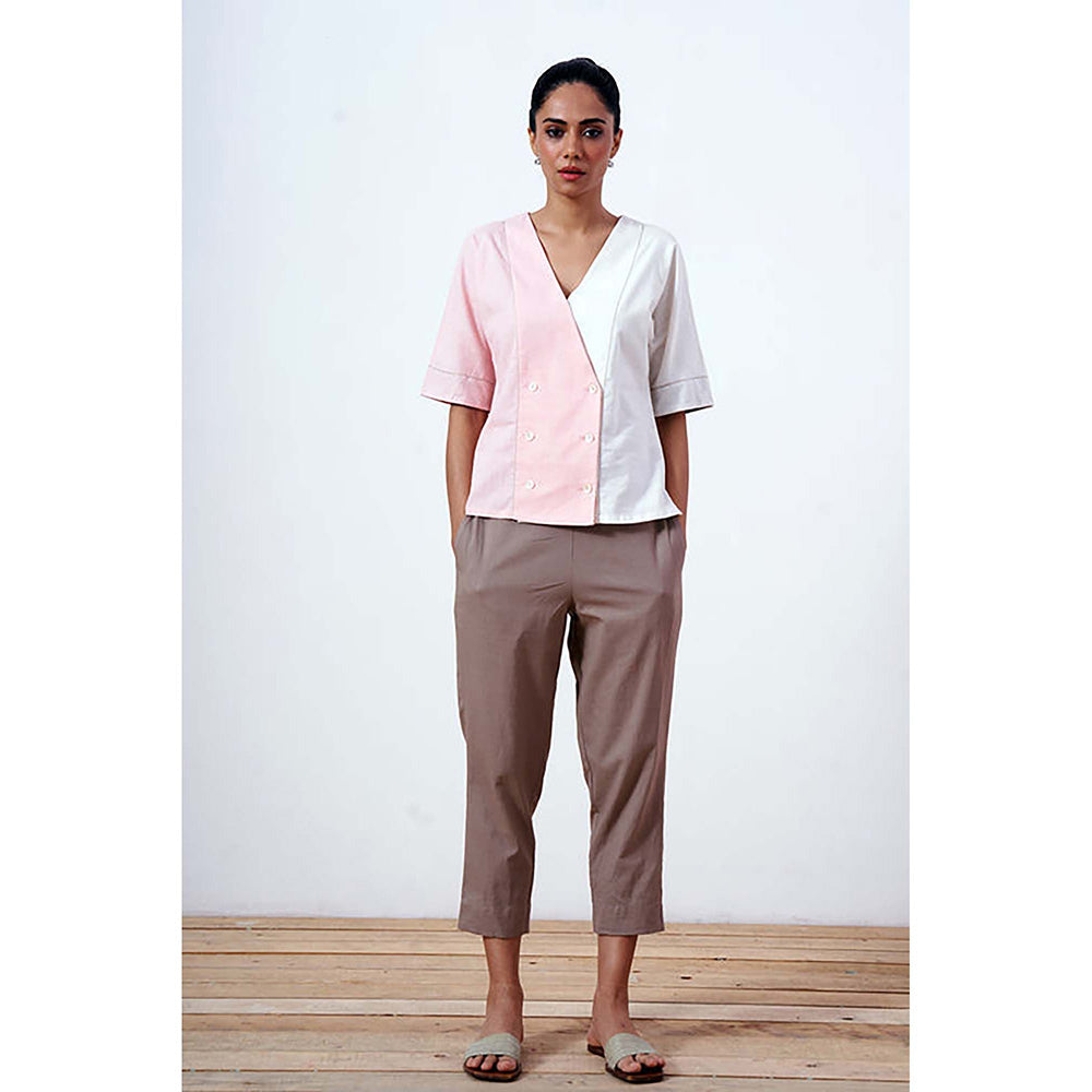 MADDER MUCH Cotton Pink V-Neck Colorblock Top With Pant Co-Ord's