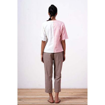 MADDER MUCH Cotton Pink V-Neck Colorblock Top With Pant Co-Ord's