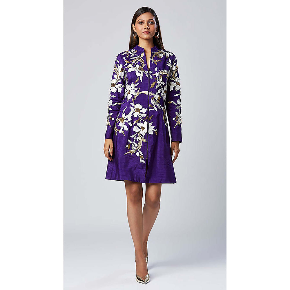 MADDER MUCH Purple Cotton Mandarin Neck Embroidered Knee Length Dress