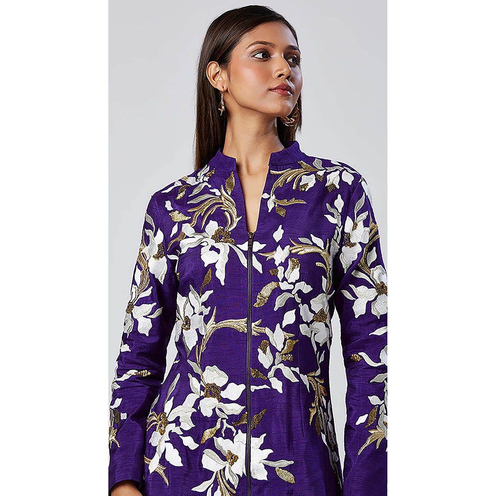 MADDER MUCH Purple Cotton Mandarin Neck Embroidered Knee Length Dress