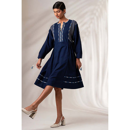 MADDER MUCH Indigo Cotton V-Neck Embroidered Midi Dress
