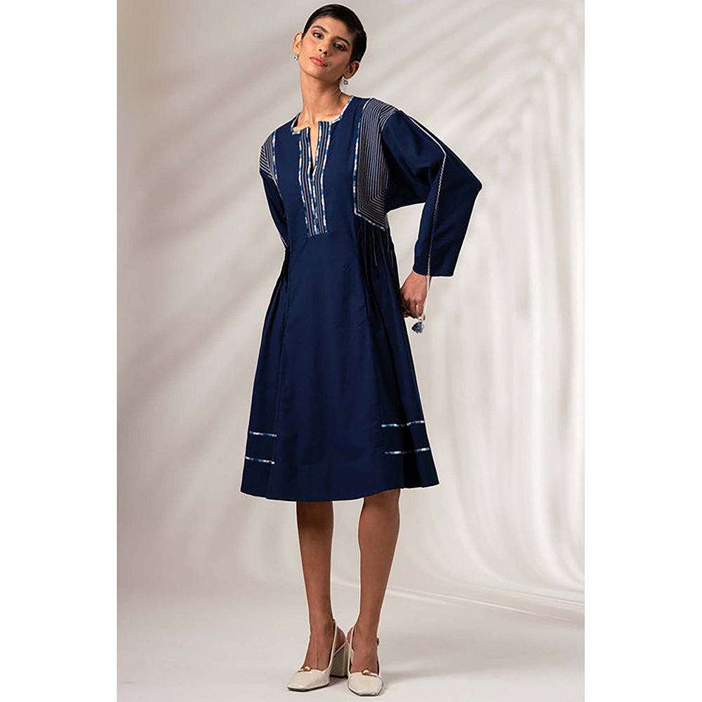 MADDER MUCH Indigo Cotton V-Neck Embroidered Midi Dress
