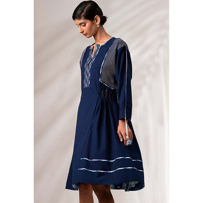 MADDER MUCH Indigo Cotton V-Neck Embroidered Midi Dress
