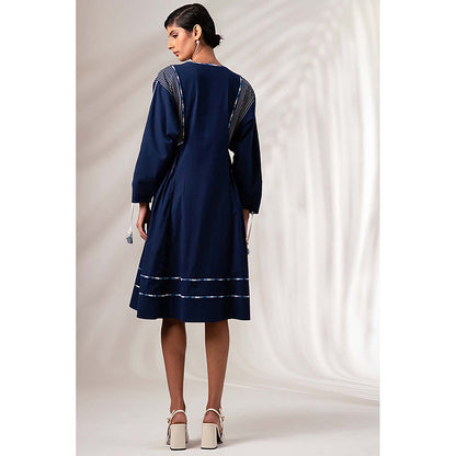 MADDER MUCH Indigo Cotton V-Neck Embroidered Midi Dress