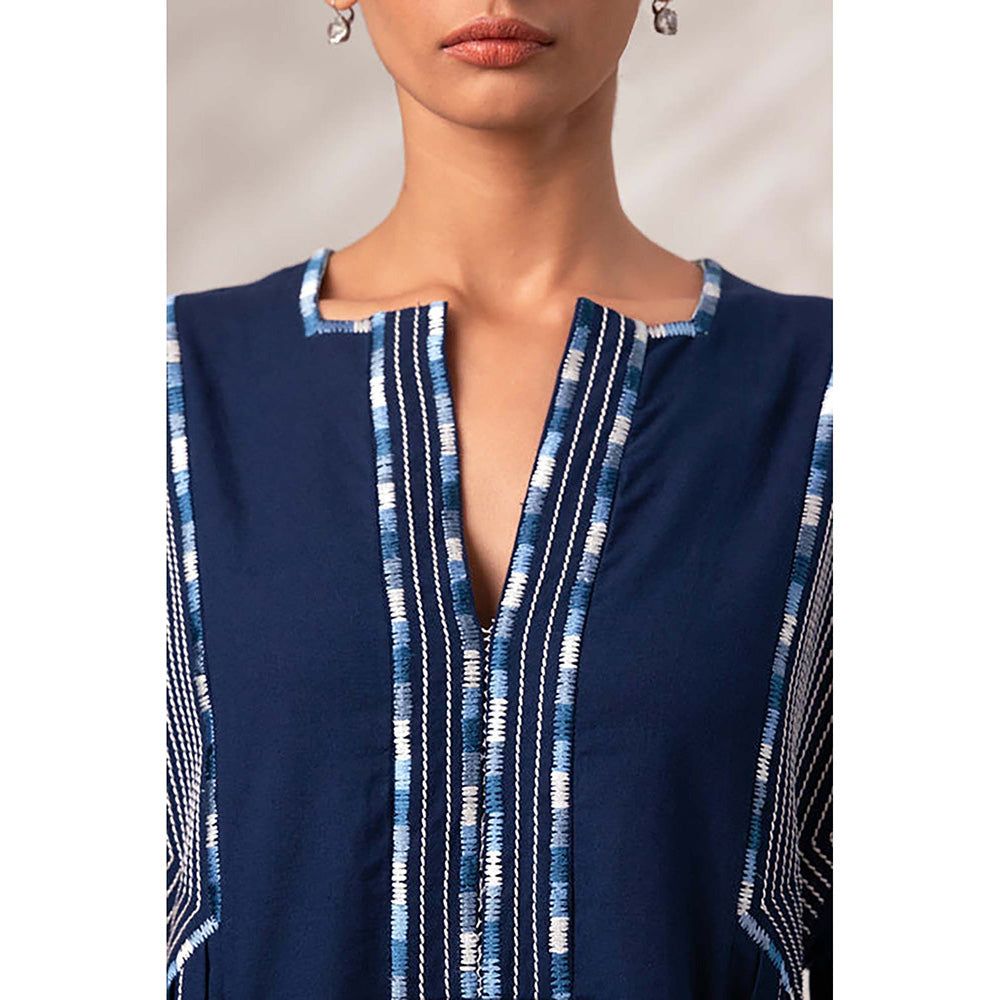 MADDER MUCH Indigo Cotton V-Neck Embroidered Midi Dress