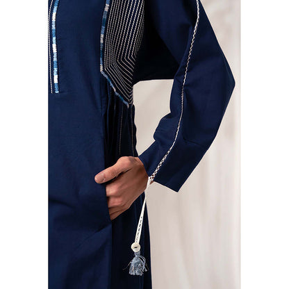 MADDER MUCH Indigo Cotton V-Neck Embroidered Midi Dress