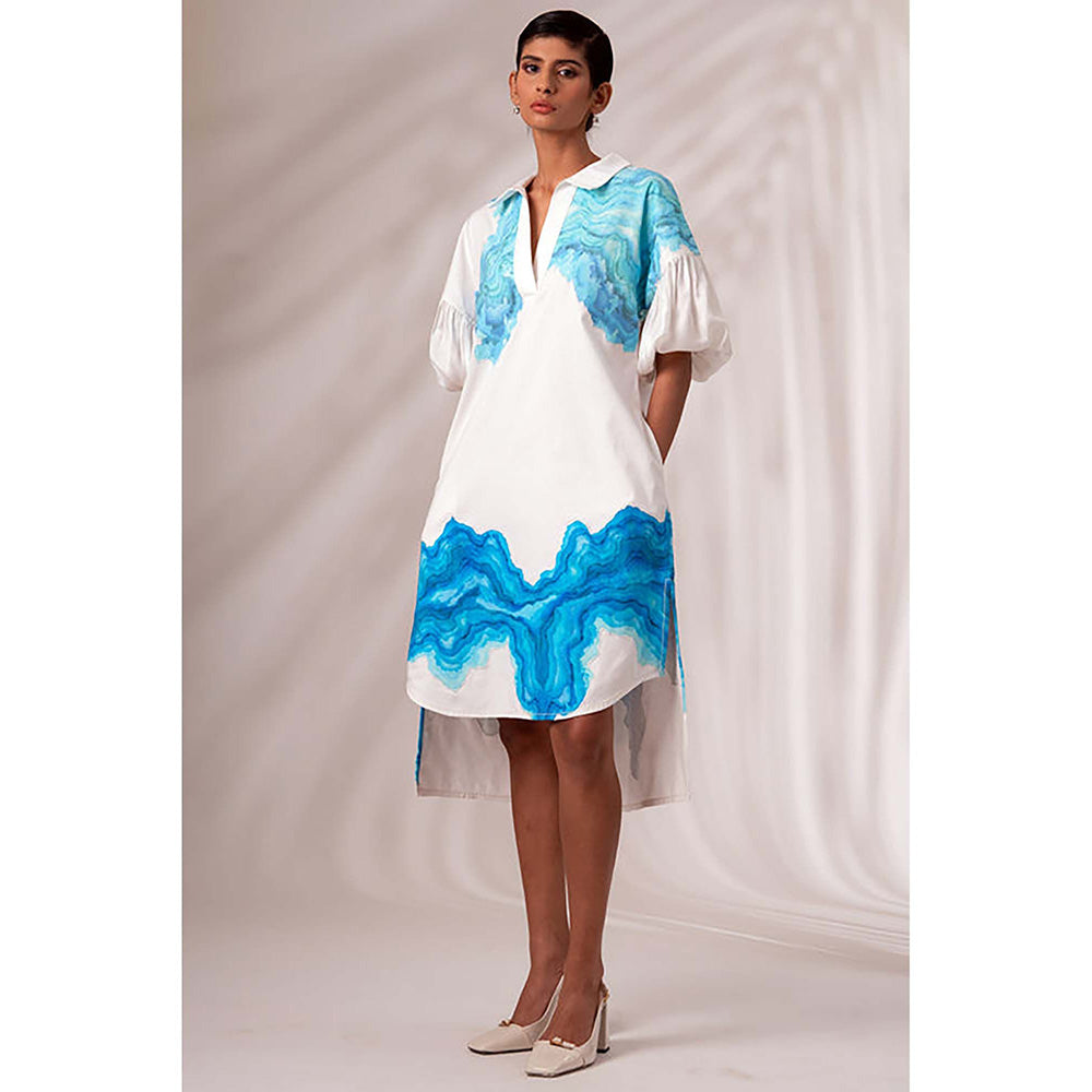 MADDER MUCH White Cotton Collar Neck Abstract Midi Dress