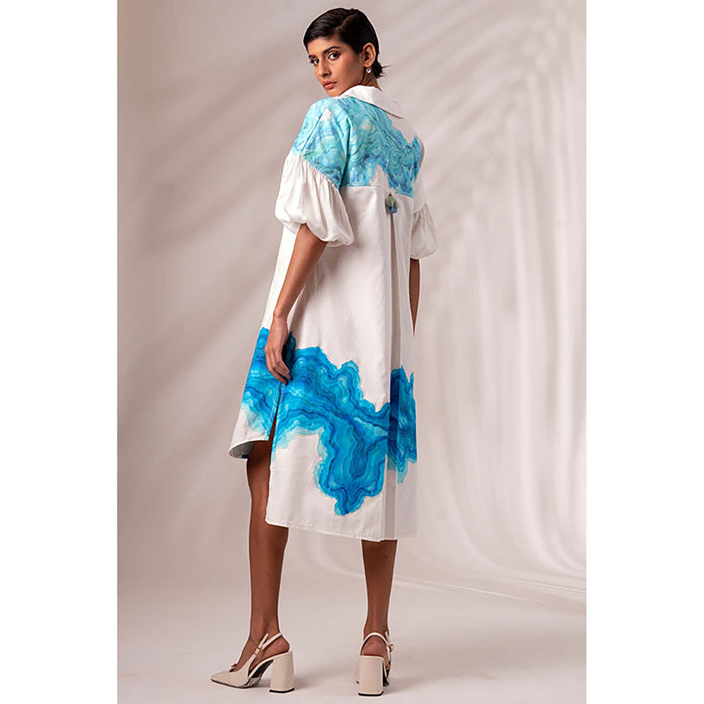 MADDER MUCH White Cotton Collar Neck Abstract Midi Dress