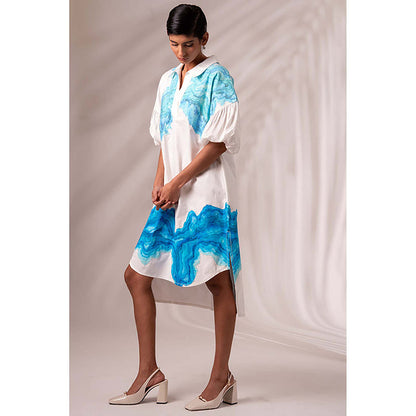 MADDER MUCH White Cotton Collar Neck Abstract Midi Dress